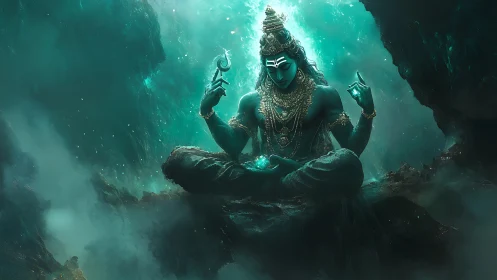 Cosmic sage in teal caverns holding a quiet universe.