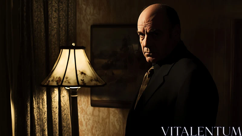 Sharp sidelighted man stands beside warm vintage lamp