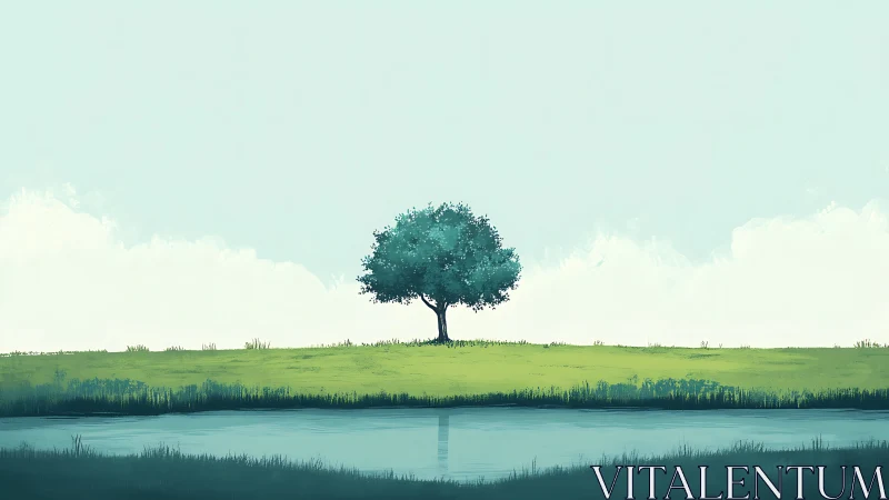 Solitary tree on grassy hill by calm pond in minimalist digital art.
