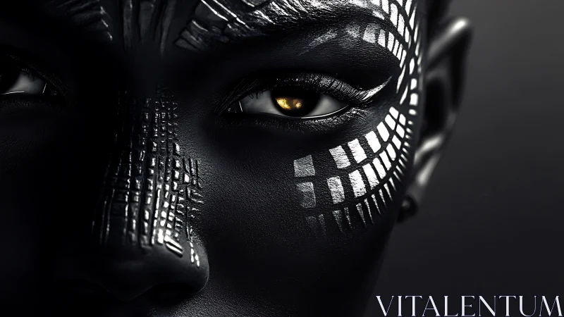 Cybernetic black portrait with metallic grid facial markings