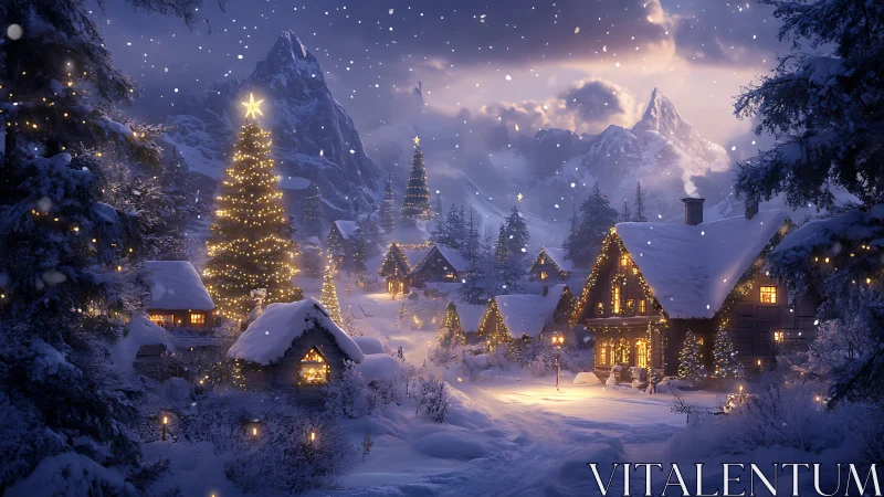 Snowy mountain village glows softly with cozy holiday lights