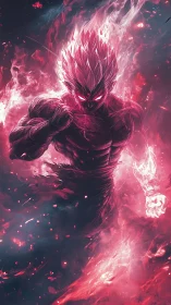 Supercharged warrior surges through neon inferno in dynamic motion