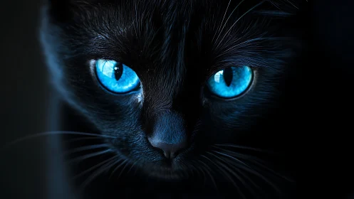 Black Cat with Striking Blue Eyes Against Dark Background.