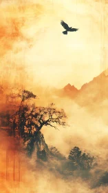 Silhouetted raven crosses misty cliff forest under diffuse ochre sky