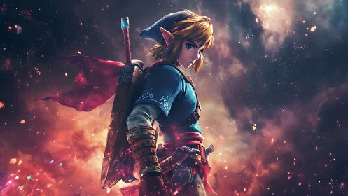 Lone fantasy warrior stands defiant amid burning nebula sky