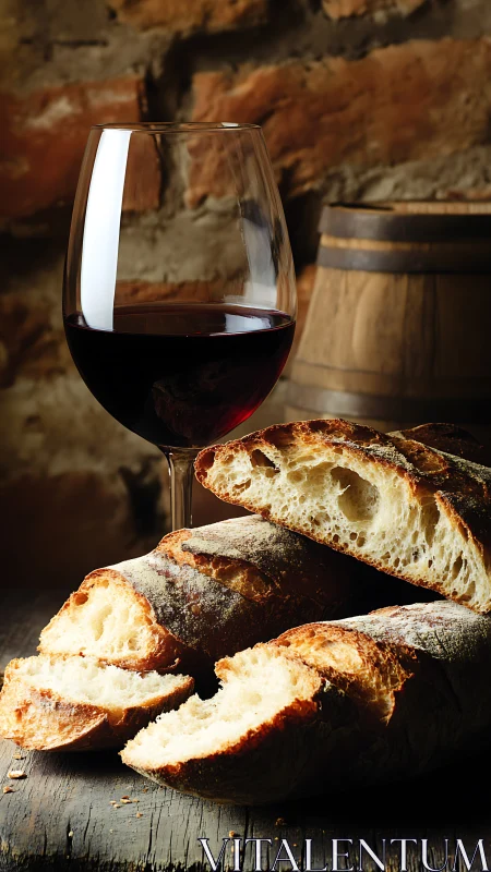 Wine and Artisanal Bread Pairing Against Rustic Cellar Backdrop.