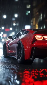 Red sports coupe on wet city street at night in rainfall.