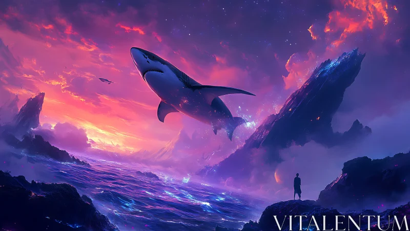 Surreal flying shark over neon seascape at twilight.