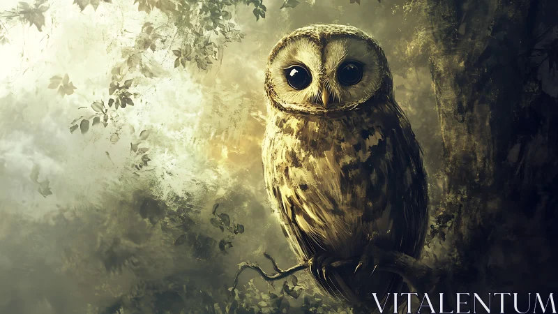Enchanting owl in a mystical forest, digital art illustration.