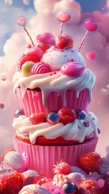 Tiered pink cupcake with candy decorations and sweets.
