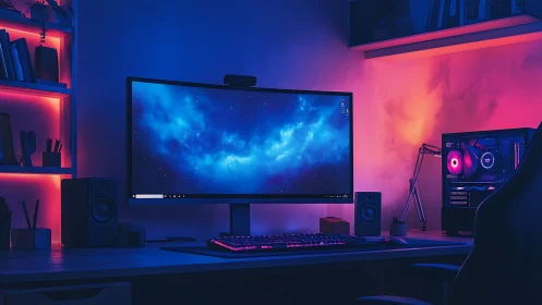 RGB-lit ultrawide gaming PC desk setup in dark room