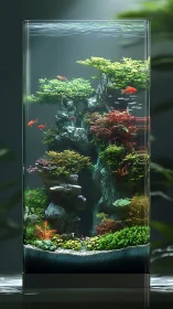Tower aquascape forms lush underwater bonsai canyon scene.