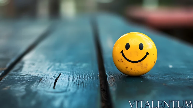 Smiley ball rests on weathered blue wooden bench edge.