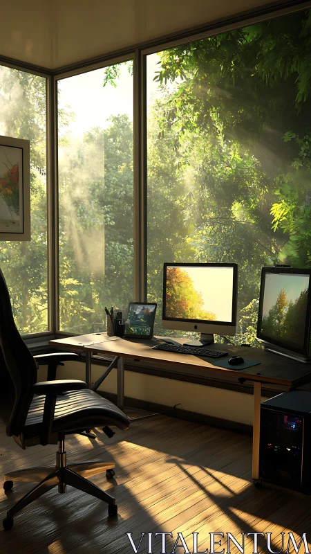 Sunlit minimalist workstation overlooks dense forest canopy