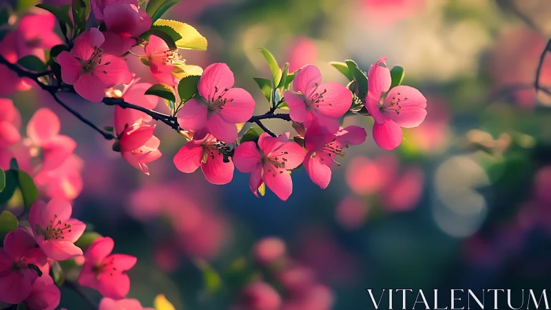 Spring blossoms glowing in dreamy sunset bokeh light.
