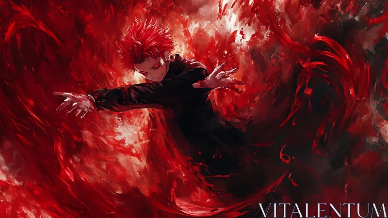 Red haired anime figure controls swirling crimson energy.