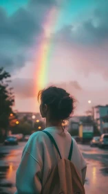 Girl with backpack under vivid urban sunset rainbow.