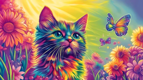 Multicolored Cat Surrounded by Blooming Flowers and Butterflies