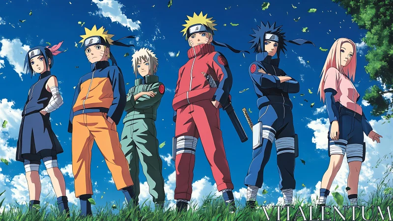 Young ninja team stands on grassy hill under clear sky