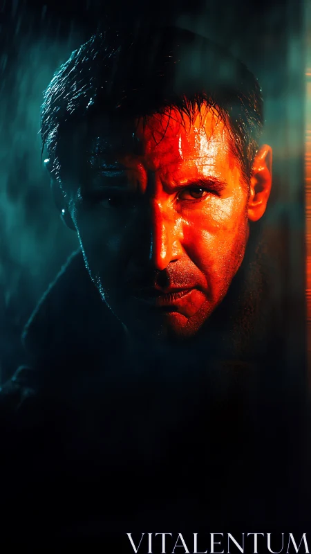 Moody cyberpunk portrait glows in harsh neon rain