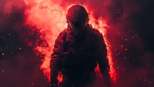 Tactical armored figure engulfed in volumetric red fire cloud