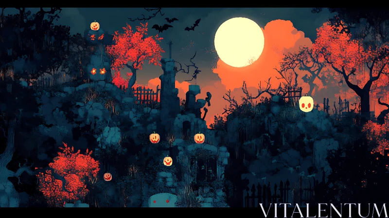 Moonlit haunted hillside cemetery with glowing pumpkins.