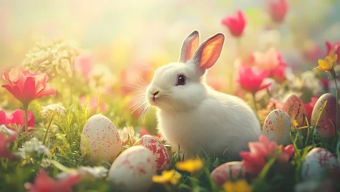 Luminous spring rabbit amid speckled eggs in shallow focus meadow.