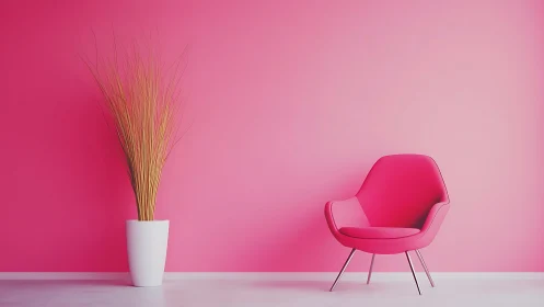 Minimalist pink lounge with sculptural chair and vase.