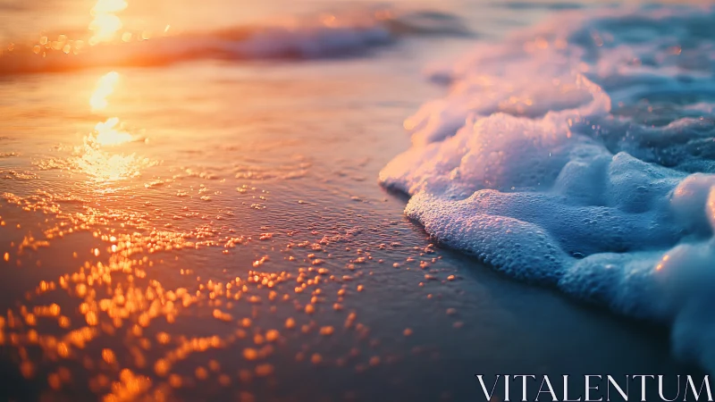 Sunlit shoreline foam in shallow focus at golden hour.