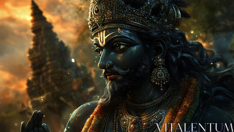 Regal blue-skinned deity in ornate jewelry at sunset.