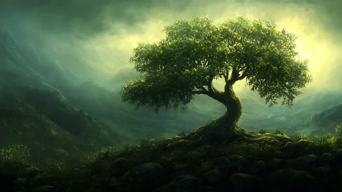 Lone emerald tree drinking light in a mist-drenched valley.