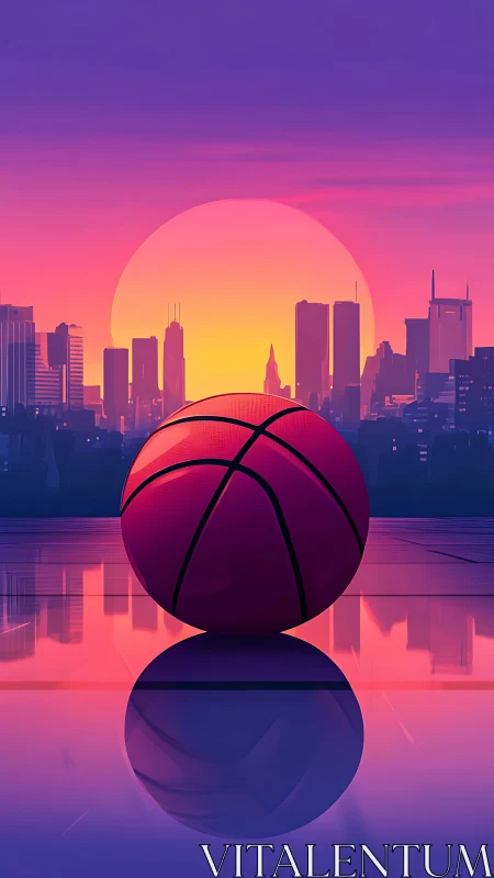 Neon sunset city basketball court with glowing skyline.