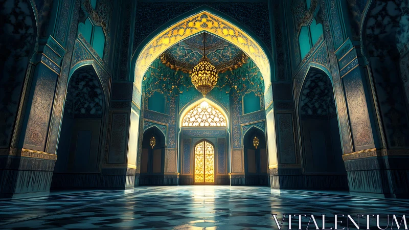 Golden light fills ornate Islamic hall with mosaics.