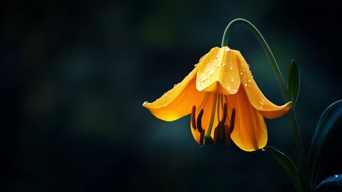 Droplets whisper over a bowed golden lily in twilight hush