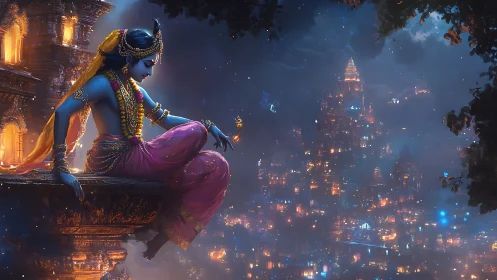 Midnight-blue deity drifts above a lantern-drowned mythic city