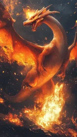 Inferno dragon rising through blazing volcanic firestorm.