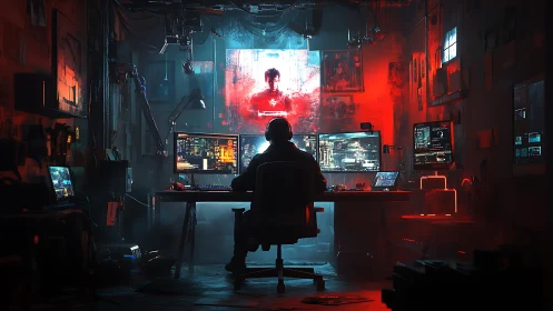 Lone code alchemist bends neon shadows inside a red-blue lair