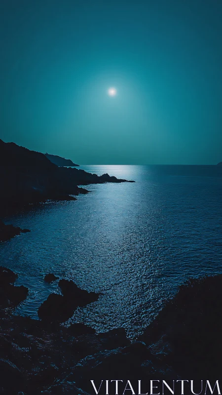 Moonlit coastal inlet under deep teal night sky.