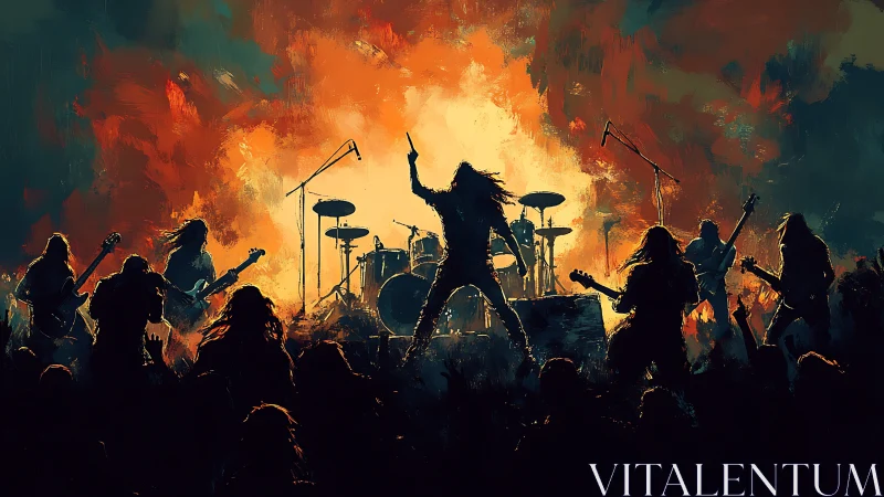 Rock band on stage with crowd silhouettes and fiery backdrop.