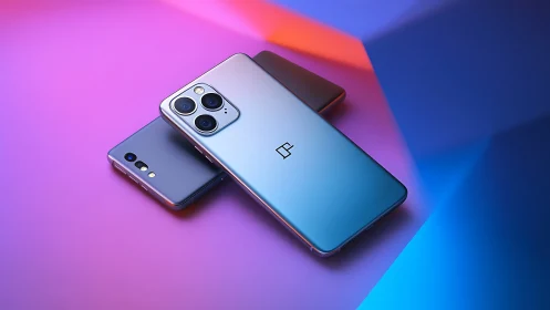 OnePlus flagship smartphone featuring triple optical telephoto system in gradient light environment