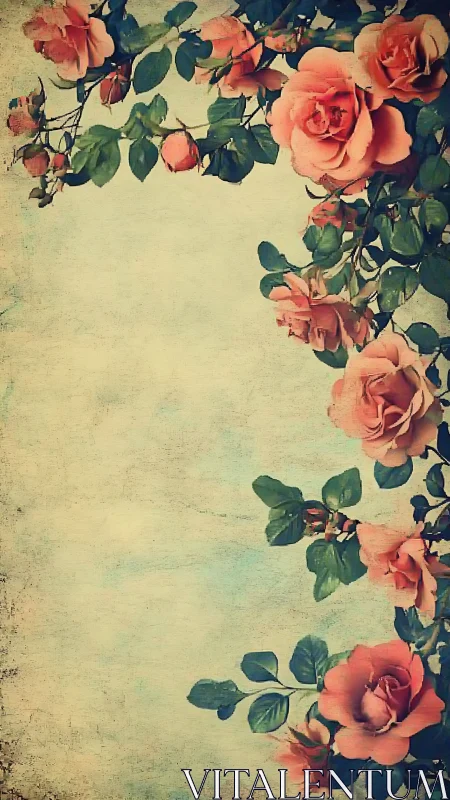 Vintage rose vine border on textured pastel paper background
