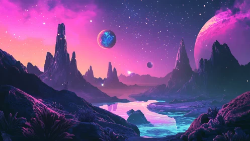 Neon twilight canyon beneath glittering alien moonscape.