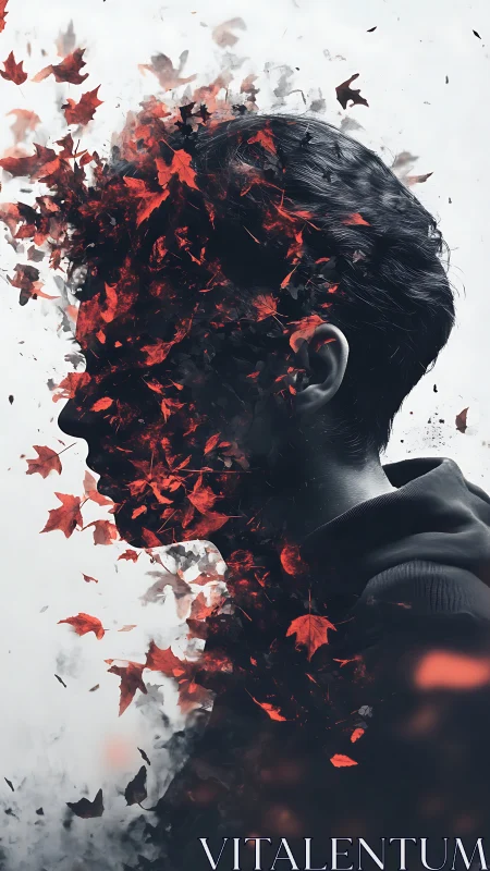 Side profile silhouette dissolving into red falling leaves.