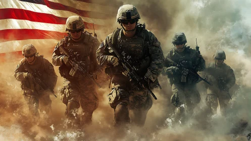 US soldiers advance through battlefield smoke and dust.