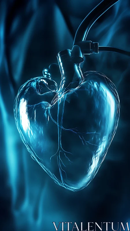 Translucent artificial heart with tubing in blue environment.