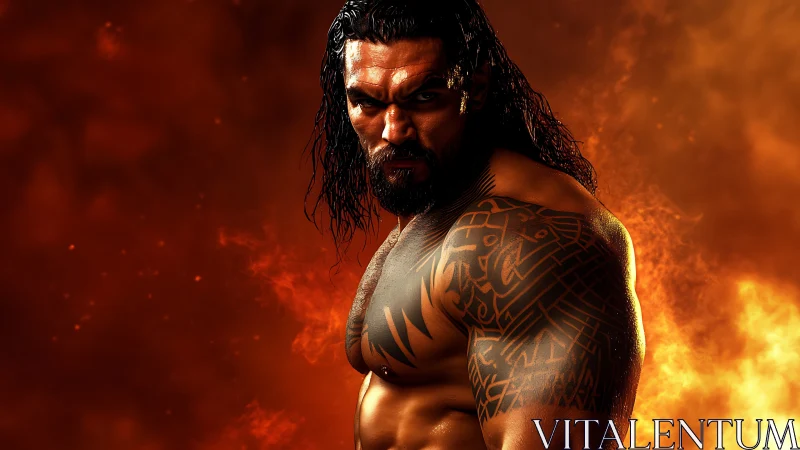 Muscular tattooed male figure stands before fiery background