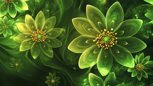 Luminescent green blossoms drift like galaxies in bloom