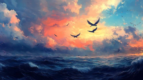 Spectral seabirds over chromatic storm-tossed oceanic horizon.