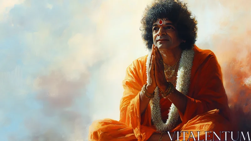 Meditative guru in orange robes sits in soft celestial glow
