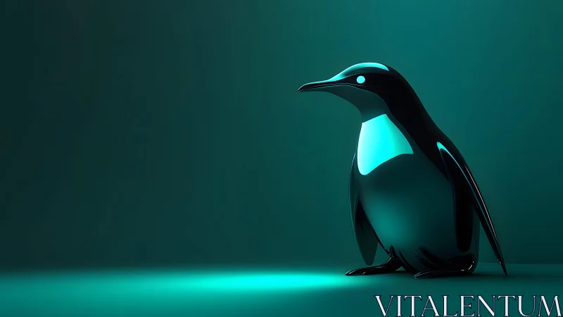 Glossy Futuristic Penguin Sculpture in Minimalist Teal Lighting.
